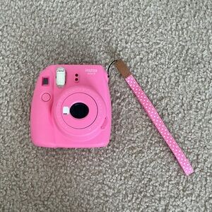 Instax RARE COLOR Mini 9 Flamingo Pink Instant Camera with Polka Dot Wrist Strap